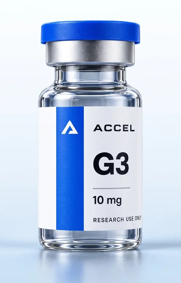 Accel G3 retatrutide vial with blue flip-off cap and research-use-only label