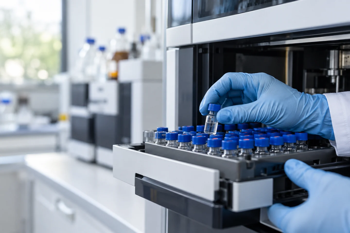 Illustrative analytical sample handling beside laboratory equipment, not an Accel facility