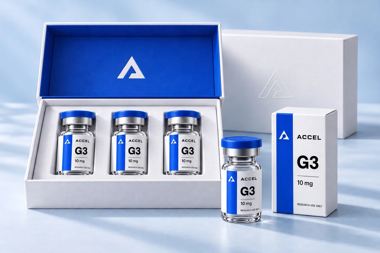 Proposed Accel presentation box with three G3 vials, individual carton and standing vial