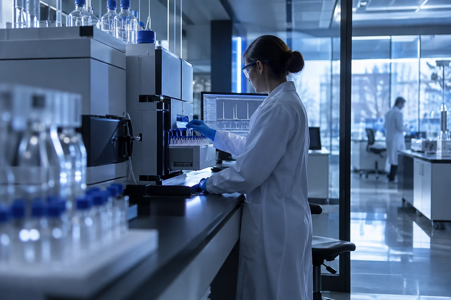 Illustrative scientist working at laboratory analytical equipment